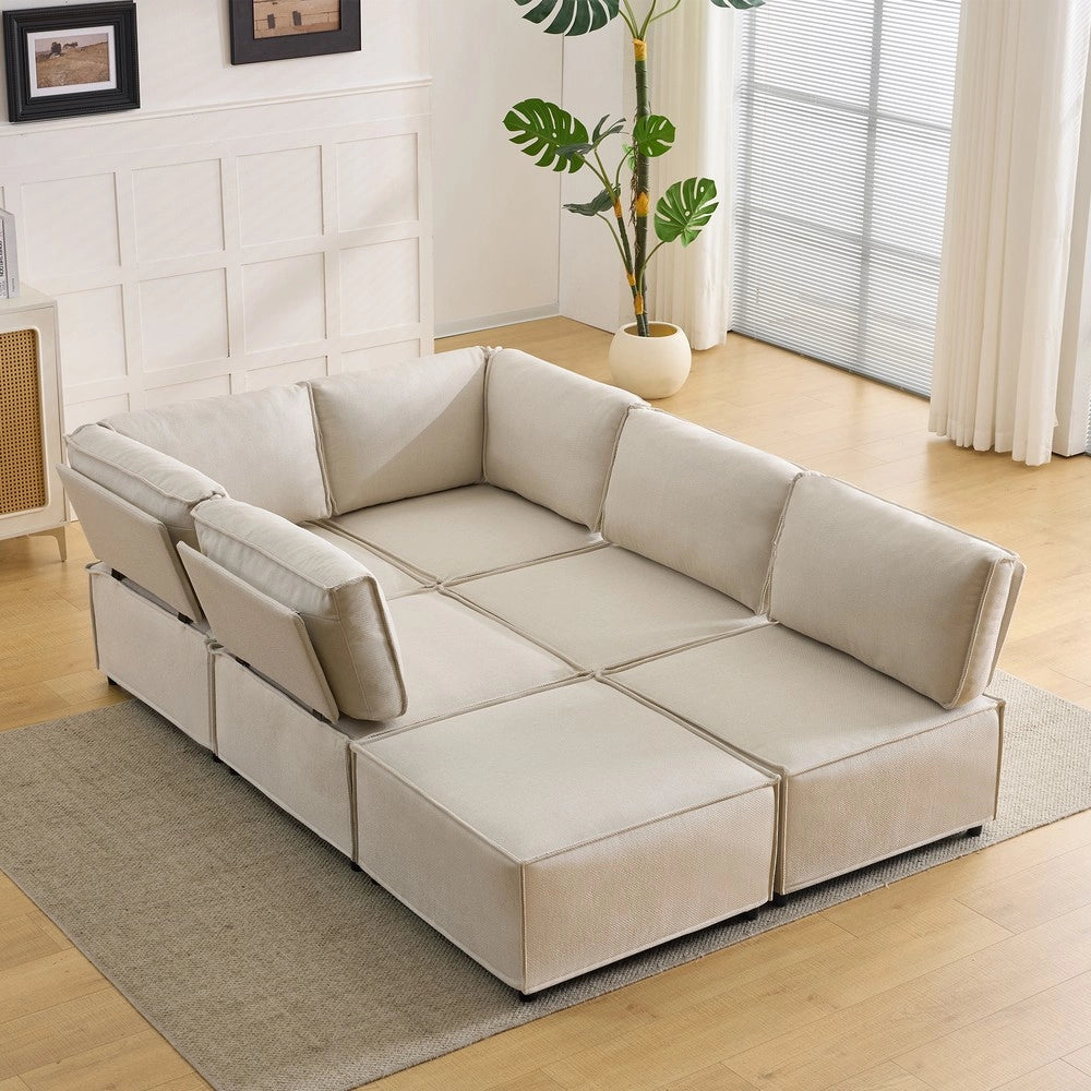 Divano Modulare in Legno e Tessuto ¨C Xylo ¨C Beige, Set 3 Posti con Penisola