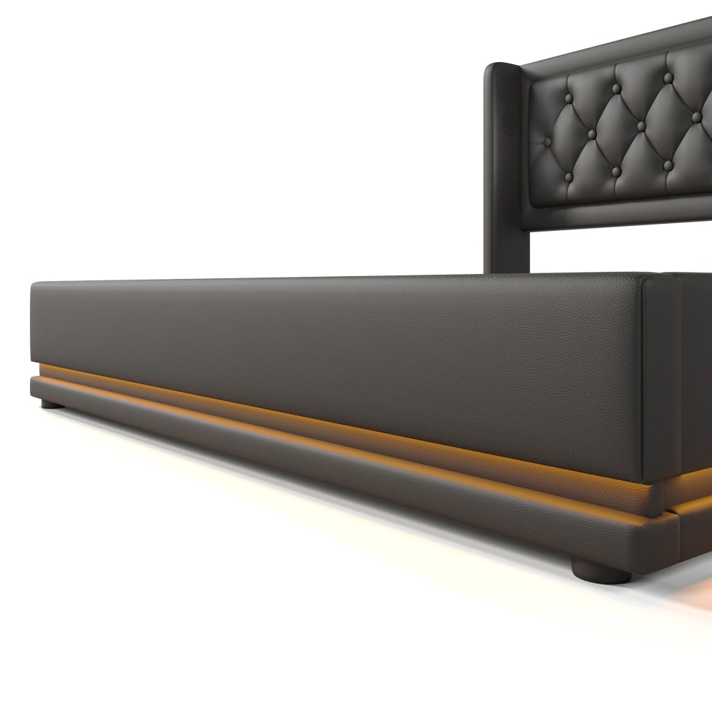 Letto imbottito 140x200 cm nero PU con contenitore idraulico, LED e USB-C