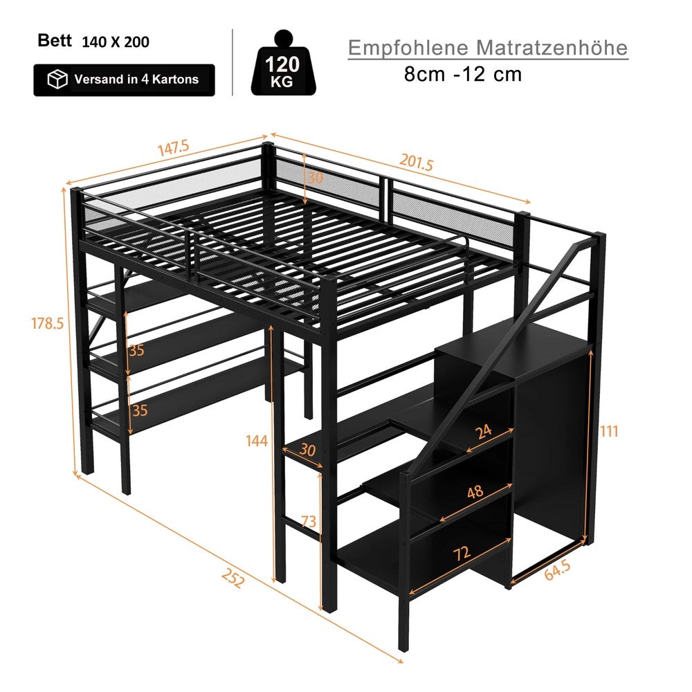 Letto a soppalco con scrivania e armadio ¨C Minimal ¨C nero metallo 140x200cm