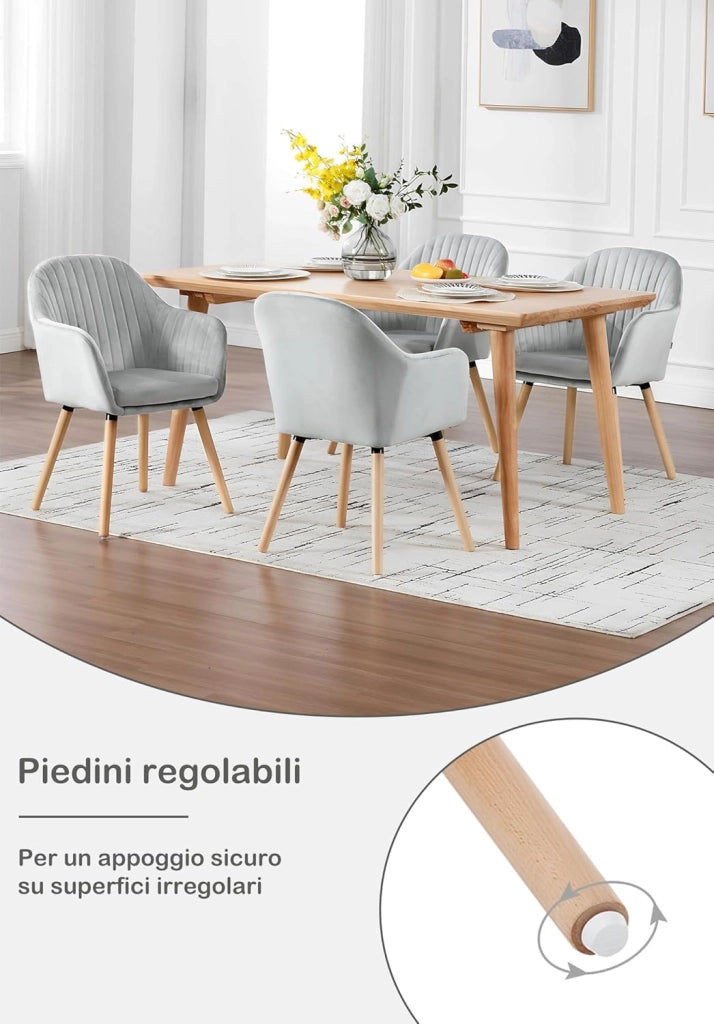 1Pz Sedia da Pranzo Poltroncina per Sala D'attesa Cucina Poltrona con Schienale Braccioli Tessuto in Velluto Gambe di Legno Grigio Chiaro BH95hgr-1