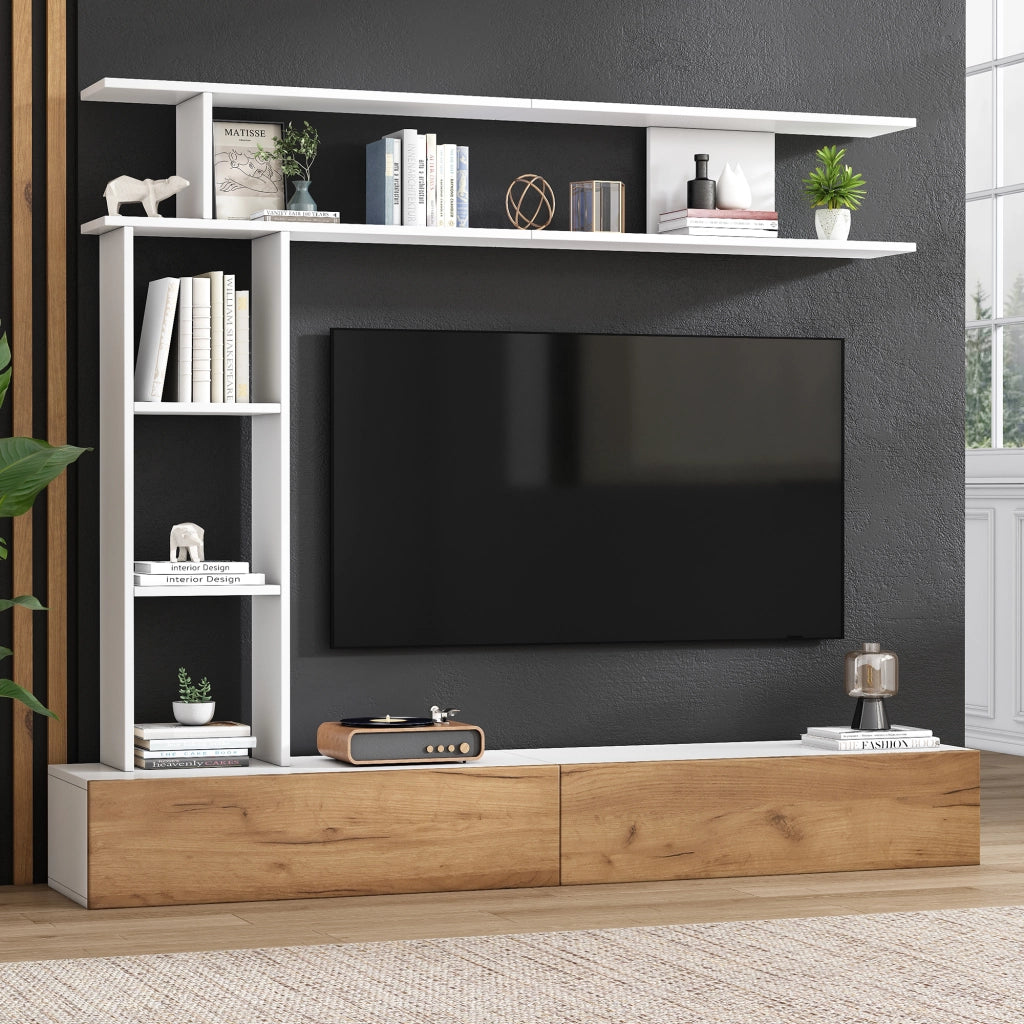 Cassettiera TV bianca e rovere in truciolare lunghezza 180 cm