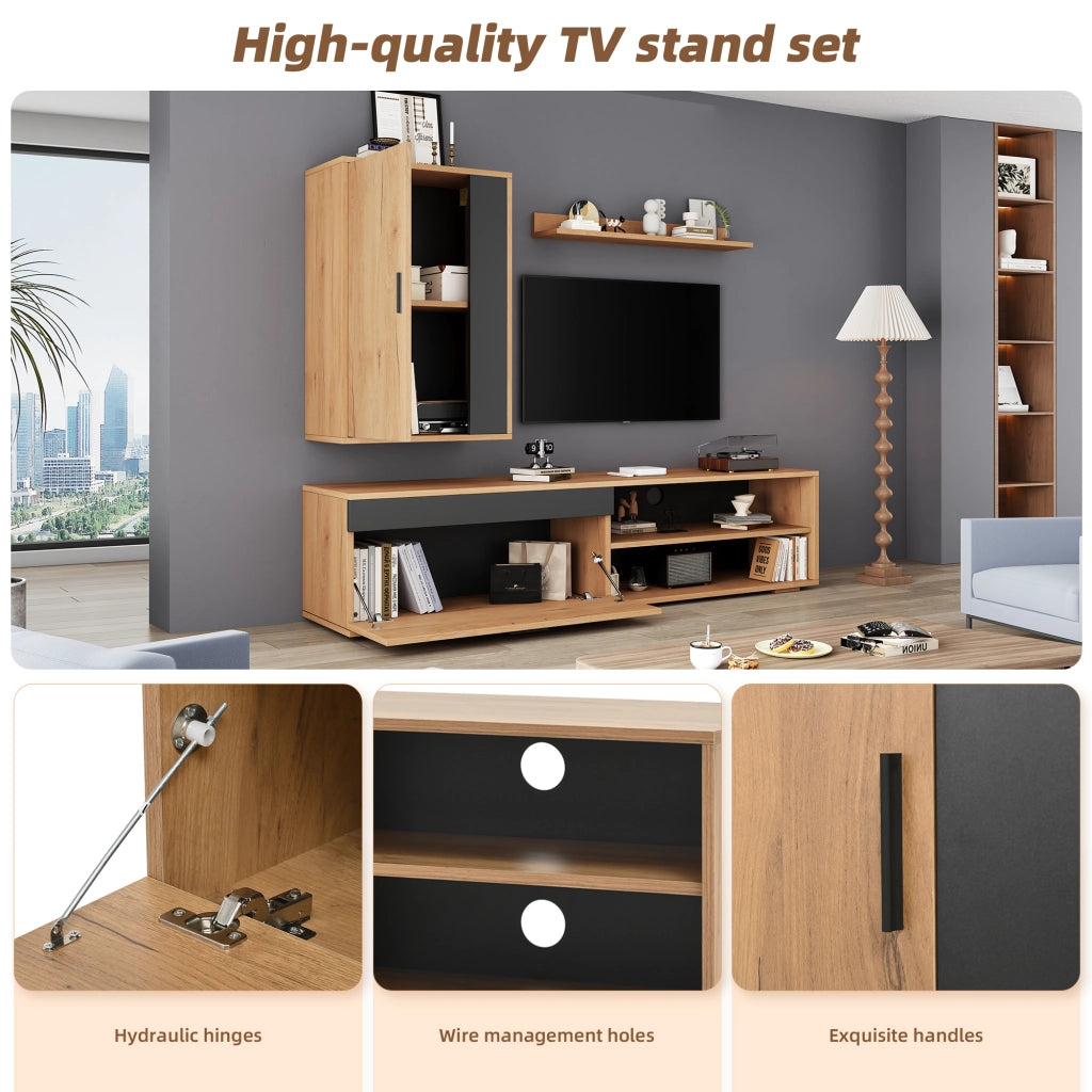 Mobile porta TV con pensile e mensola, 3 pezzi, in truciolato, effetto legno e nero, 140 × 35 × 39 cm