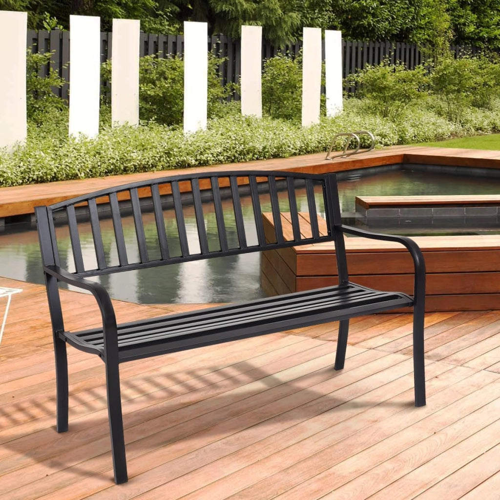 Panca a 2 Posti in Acciaio, Panca da Giardino con Schienale e Braccioli, Panca da Seduta Caricabile fino a 280 kg, Panca da Riposo per Giardino Balcone Terrazza, 127 x 60 x 87 cm, Nero