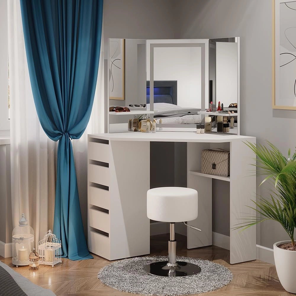 Vicco Tavolo da trucco ad angolo Arielle, Bianco, 110 cm con specchio e sgabello a LED, Fa risparmiare spazio e sfrutta in modo ottimale gli angoli della stanza
