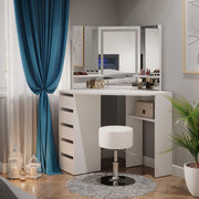 Vicco Tavolo da trucco ad angolo Arielle, Bianco, 110 cm con specchio e sgabello a LED, Fa risparmiare spazio e sfrutta in modo ottimale gli angoli della stanza