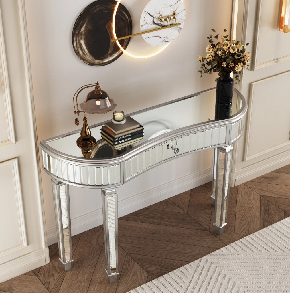 Tavolo consolle a mezzaluna specchiato 120 cm grigio e argento con cassetto