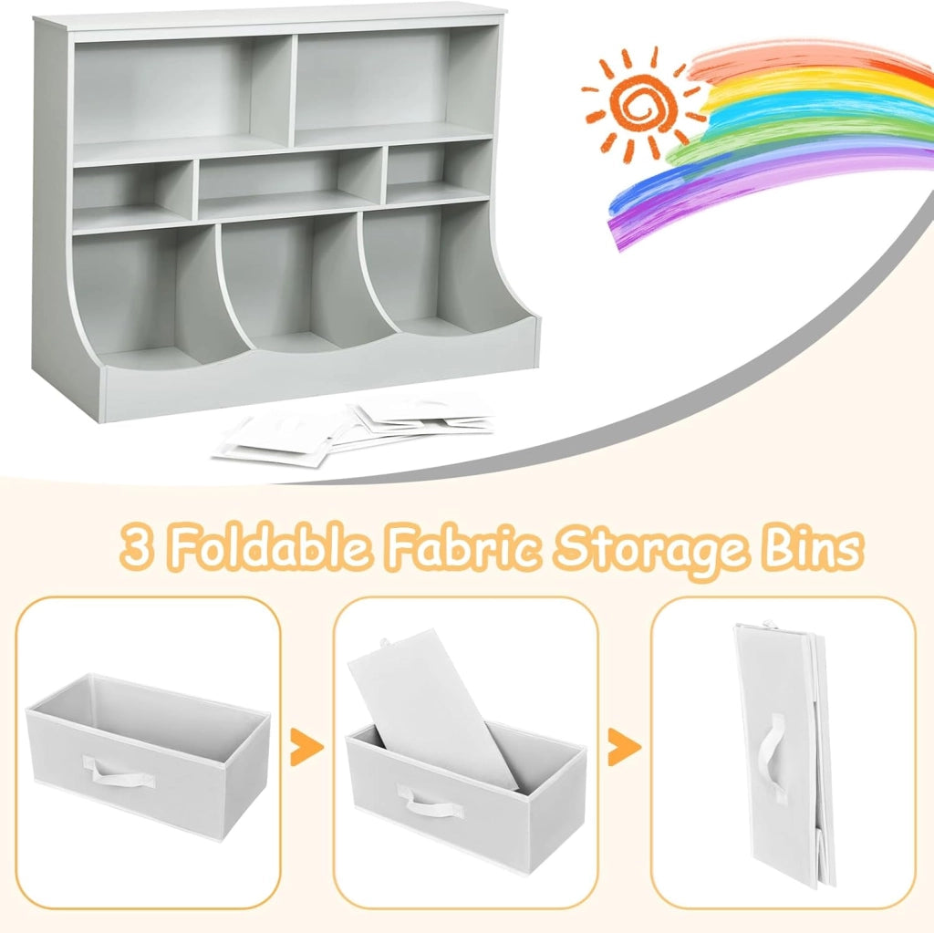 Mobile portaoggetti multiuso per libri e giocattoli, armadietti di 2 diverse dimensioni, armadio per bambini, libreria aperta con 3 cassetti, 93 x 40 x 94 cm (grigio) (QF53080PAFR)