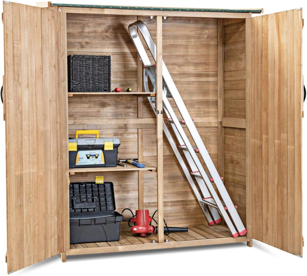Armadio da giardino in legno, 140 x 50 x 162 cm, con 2 ripiani e 1 armadio, resistente alle intemperie, con ante bloccabili, armadietto degli attrezzi per terrazza, balcone