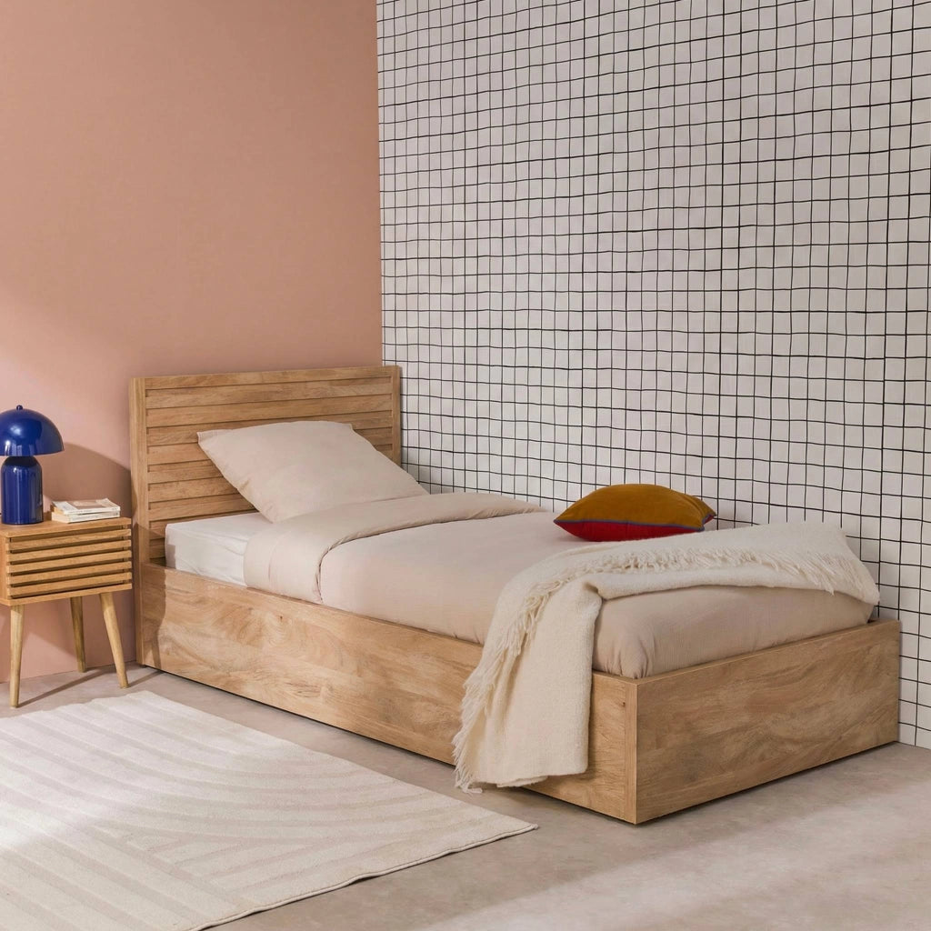 Letto contenitore con rete a doghe e testiera 90x190cm decorazione