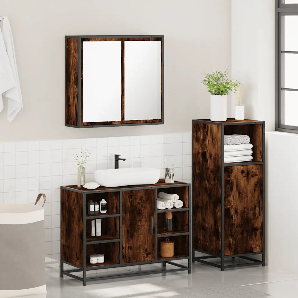 Set Mobili da Bagno 3 pz Rovere Fumo in Legno Multistrato