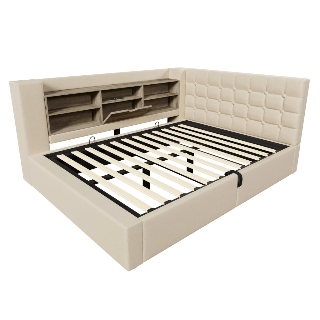 Letto matrimoniale 140x200 cm con LED, contenitore idraulico, testiera a L reversibile e materasso incluso