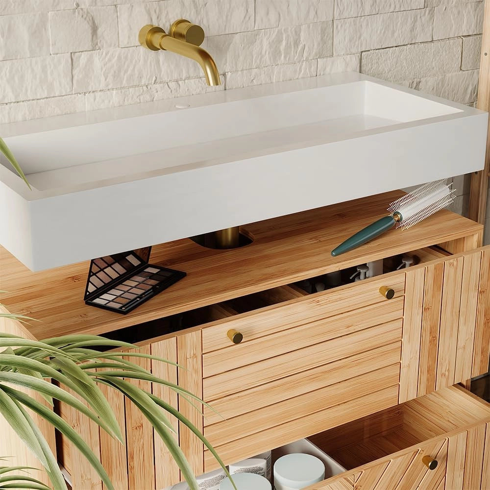 Mobile sottolavabo per bagno Lucie, Bambù, 80 x 65 cm con 2 cassetti, adatto per la conservazione salvaspazio di accessori da bagno