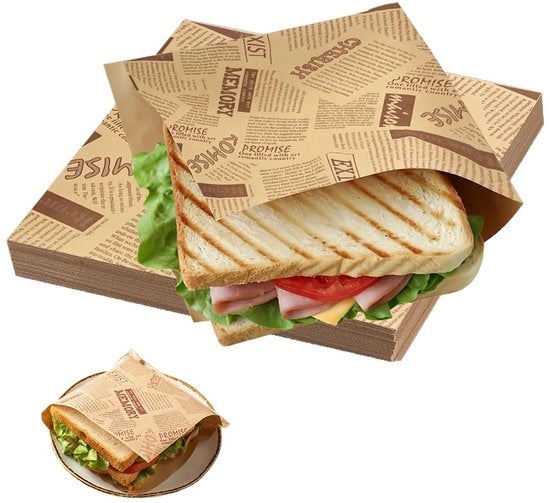 Pacco di imballaggio alimentare 150 pezzi - Sacchetti di hamburger - Triangolari - Resistente al grasso - Imbottito d'acqua - Materiale duraturo