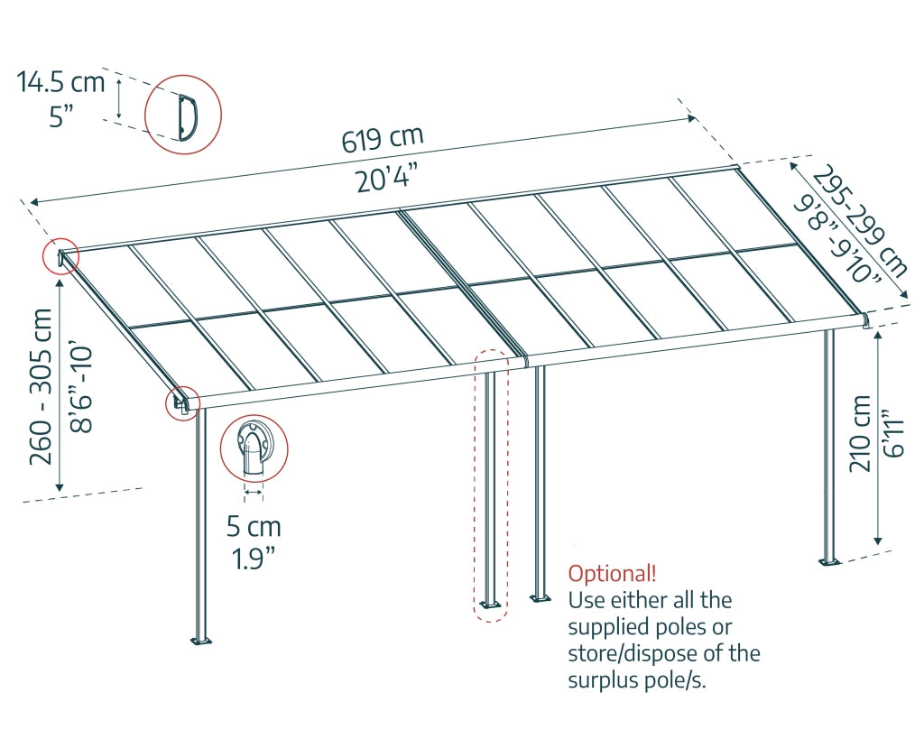 Canopia Sierra Cabrio Pergola Addossata in Alluminio 3X6.2 m Struttura grigia / Pannelli grigio opaco