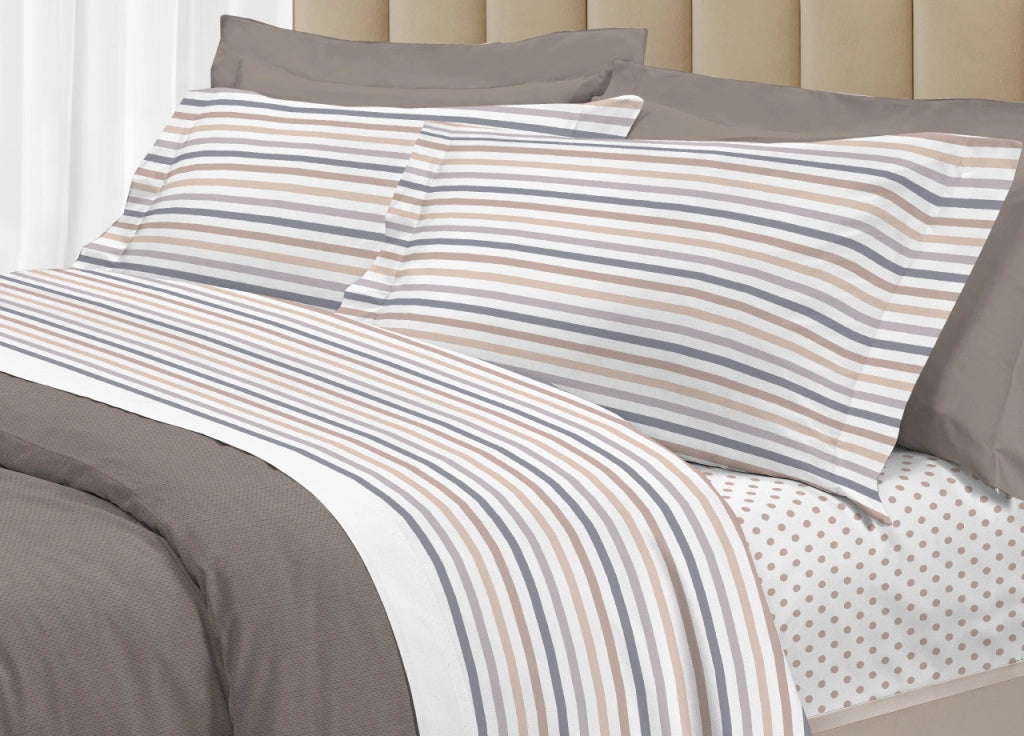Completo Lenzuola Letto 100% Cotone Italy 3027 Disegno Riga Dots - Matrimoniale - Beige