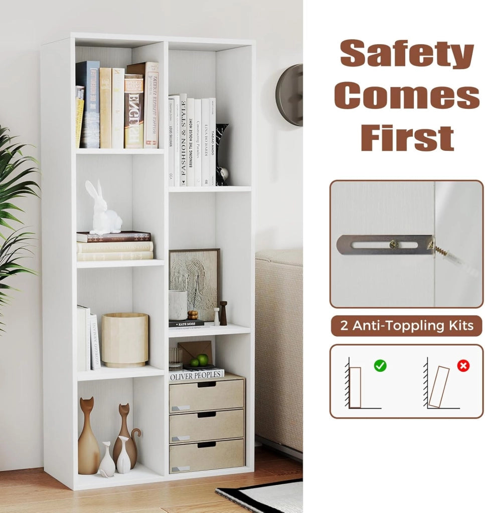 Libreria Verticale con 8 Cubi, Mobile Contenitore in Legno, con 2 Dispositivi Antiribaltamento, Libreria Scaffale per Soggiorno, Camera da Letto, Ufficio, 49,5 x 23 x 106 cm (Bianco)