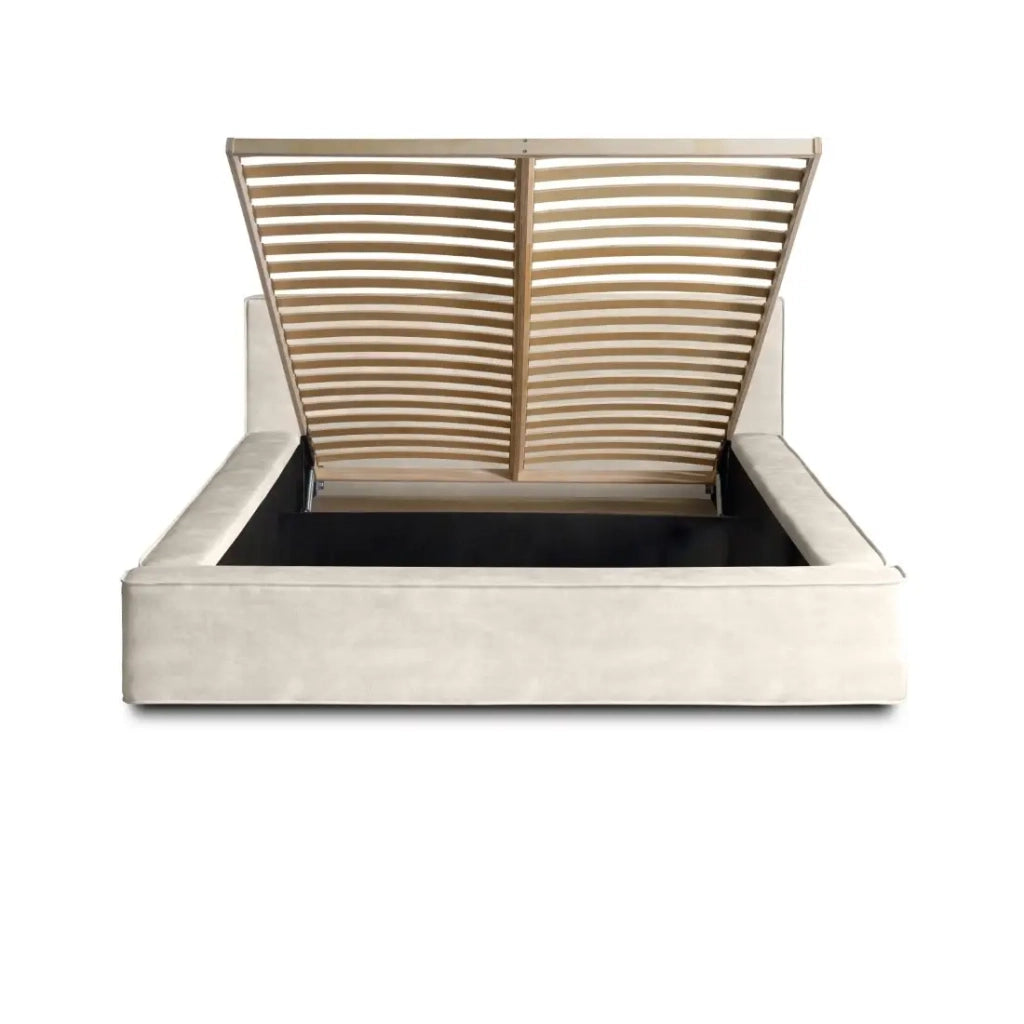 Letto con contenitore VELORA – Perla – 160x200 cm – Tessuto velluto morbido – Rete sollevabile – Spazio di stoccaggio integrato