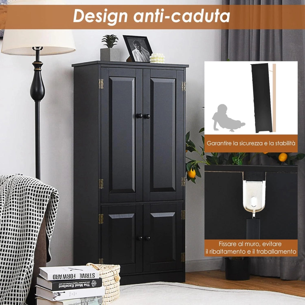 Mobile Multiuso, Armadio da Soggiorno, Credenza da Cucina in Legno, con 4 Ripiani, 58,5 x 31,4 x 123cm, Bianco e Nero (Nero)