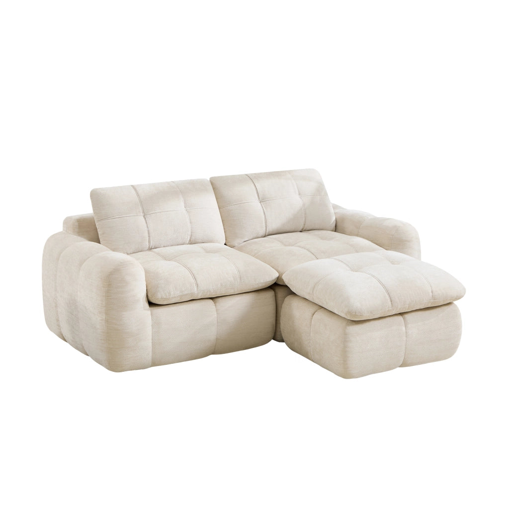 Divano modulare angolare 2 posti con pouf 194x160x68 cm in chenille beige