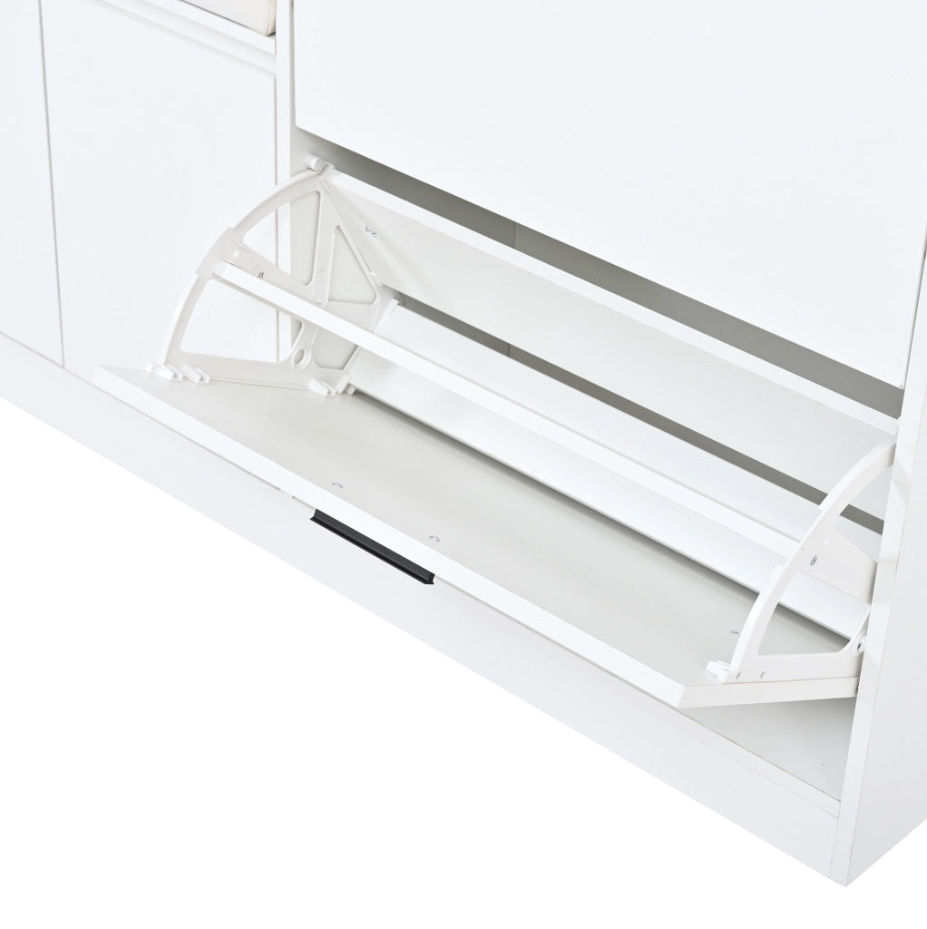 Guardaroba da ingresso 120x30x200 cm con panca imbottita e 10 ganci in MDF bianco