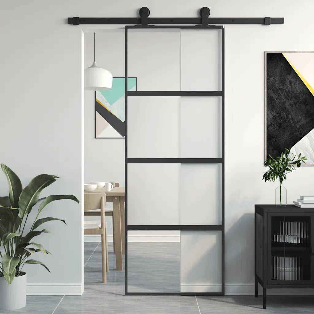 Porta Scorrevole Nera 76x205 cm in Vetro Temperato e Alluminio 155219