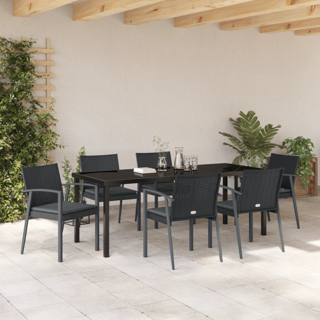 Set da Pranzo da Giardino 7 Pezzi con Cuscini in Polyrattan Nero