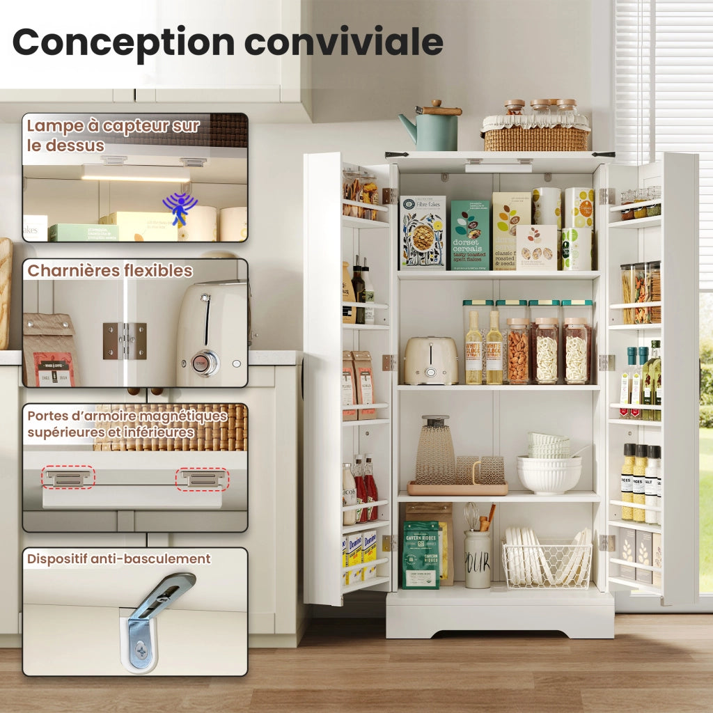 Credenza da cucina alta con 2 ante; ripiani regolabili e LED per cucina in MDF 60×35×128;5 cm Bianco