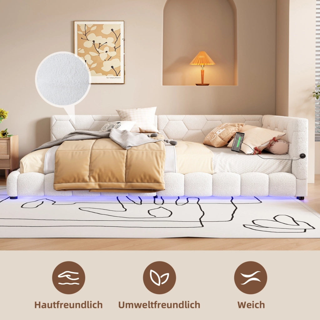 Divano letto 140x200 cm con luci LED, USB, porta Type-C e struttura in MDF