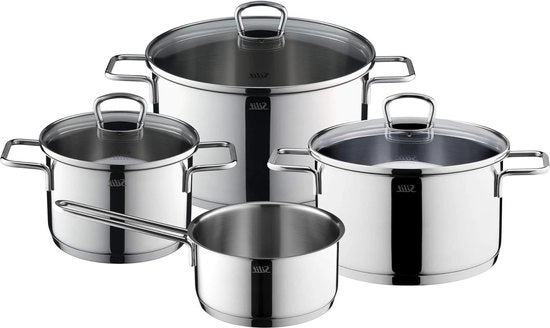 Set di pentole in acciaio inossidabile - 4 pezzi - Pentola a induzione Alicante - Coperchio in vetro - Non trattato - Translucido - Adatto per uso in induzione Set di pentole