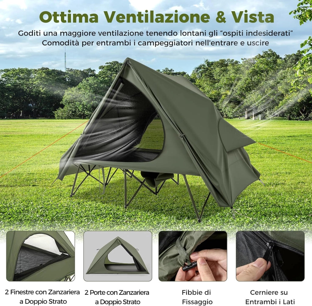 Tenda da Campeggio per 2 Persone, Tenda Impermeabile e Pieghevole con Tenda Pop-up, Letto da Campeggio, Borsa con Ruote, Telo Antipioggia, 2 Porte a Rete e Finestre per Spiaggia e Campeggio
