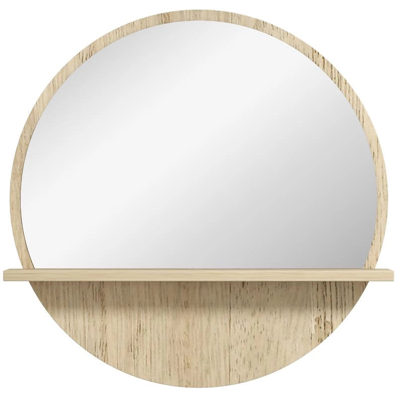 SPECCHIO BAGNO ROTONDO IN TRUCIOLATO E VETRO CON RIPIANO PORTAOGGETTI E 2 GANCI POSTERIORI, Ø45X10 CM