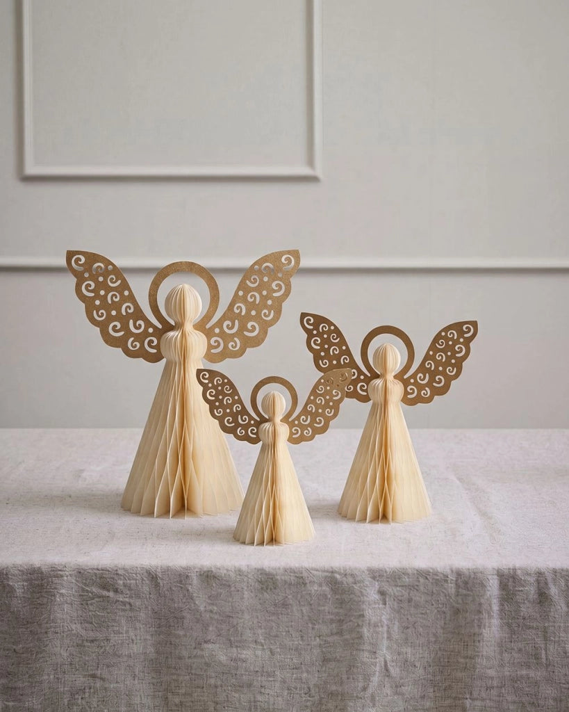 Set di 3 statuine di angeli in carta beige a nido d'ape con effetto 3D in stile origami e motivi festivi