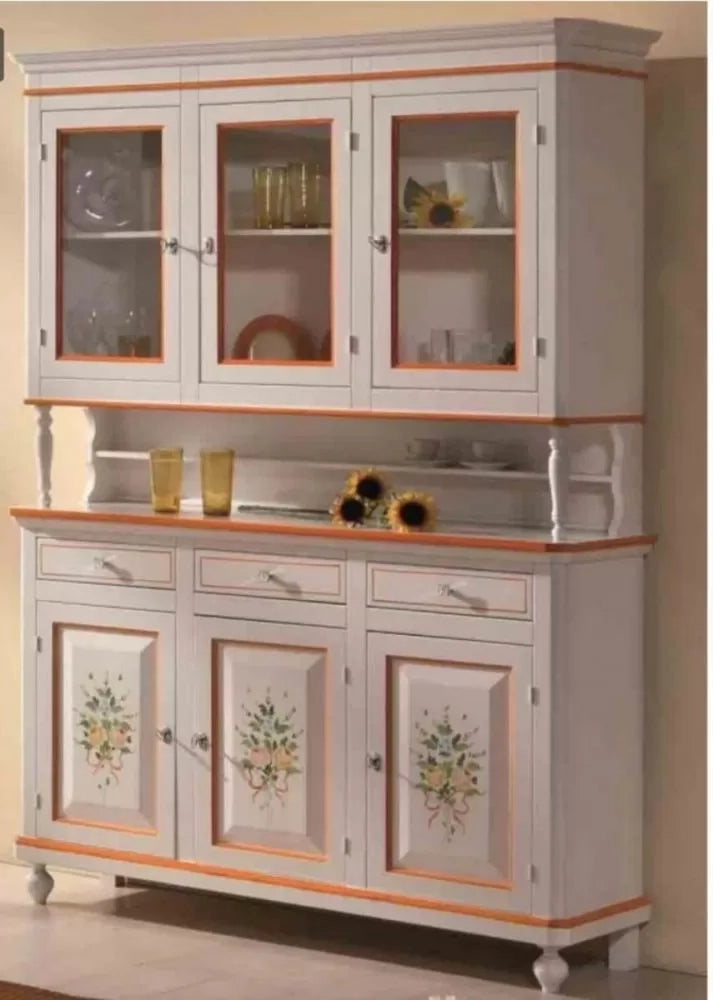 Cristalliera arte povera legno 3 porte avorio patinato decori 150x43x208 - Mobili 2G