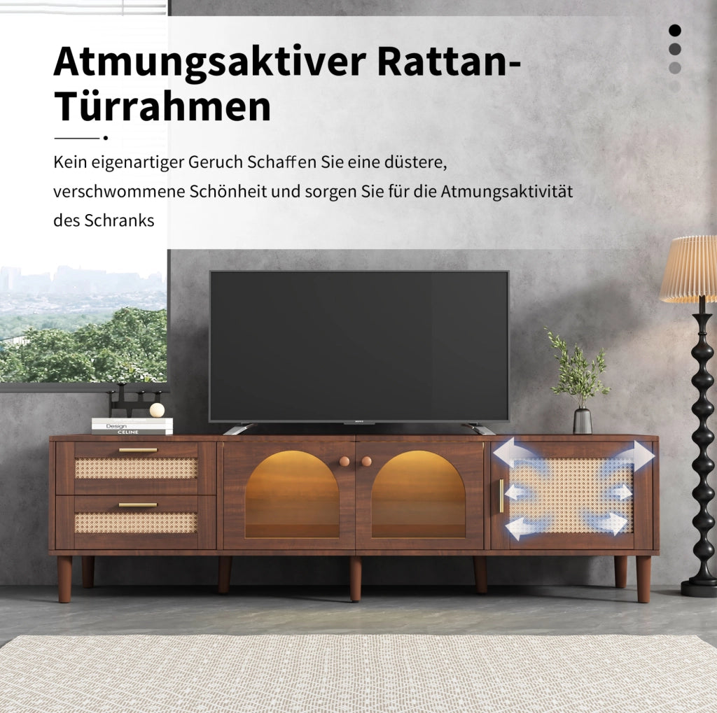 Mobile TV marrone da 180 cm con ante in vetro e cassetti in rattan