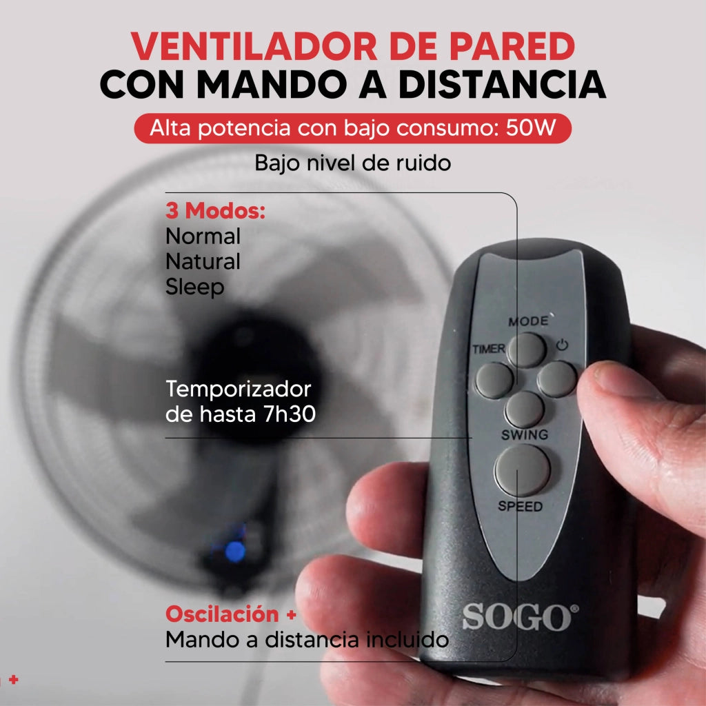 Ventilatore da parete 40 cm con telecomando, 50W 3 velocità e timer 7,5h, oscillazione e inclinazione regolabile - Sogo