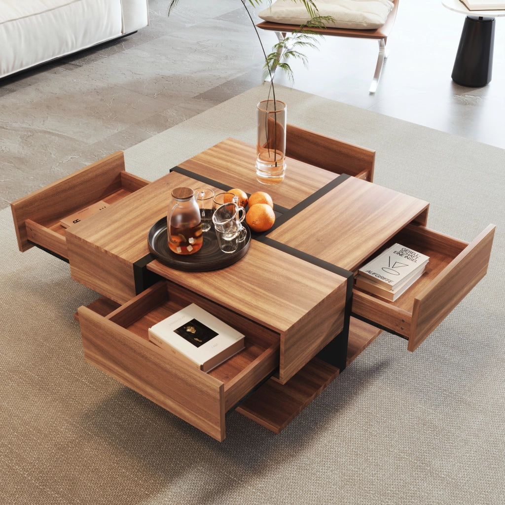 Tavolino da caffè quadrato con 4 Cassetti e 1 Vano Aperto per Soggiorno in Truciolato 78×78×36 cm Naturale