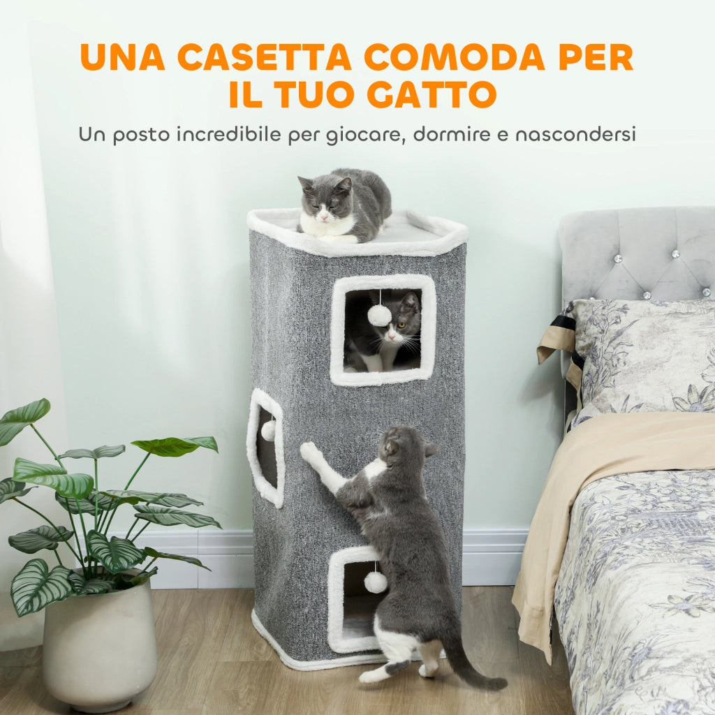 Torre per Gatti con 3 Casette Palline e Posatoio 41x41x100 cm in Legno Tessuto e Peluche Grigio e Bianco