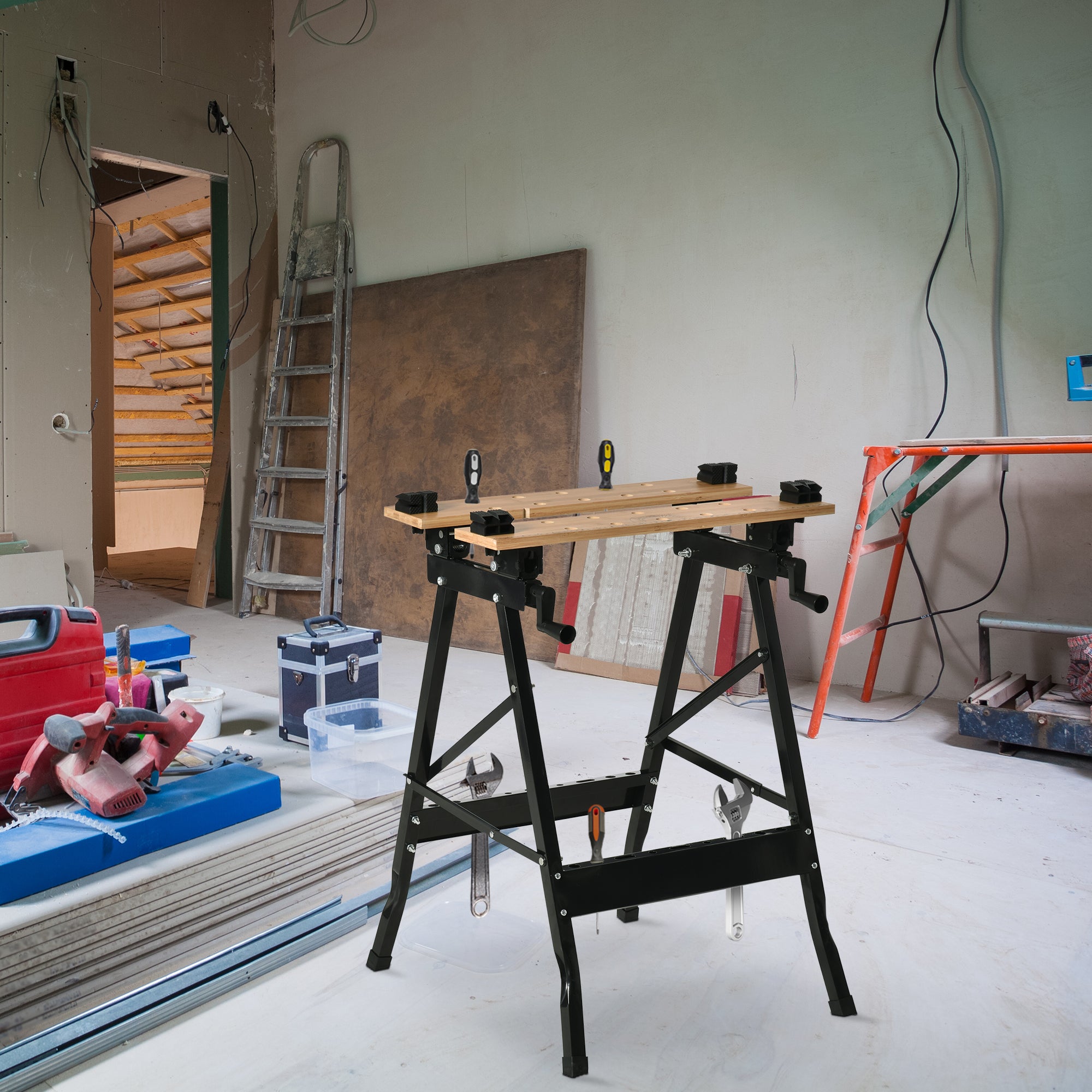 Banco da Lavoro Pieghevole 150kg con 4 Morse e Goniometro Nero e Legno