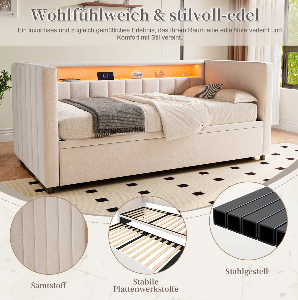 Divano letto estraibile 90x190 cm in velluto beige con LED; USB Type-C e struttura legno-metallo