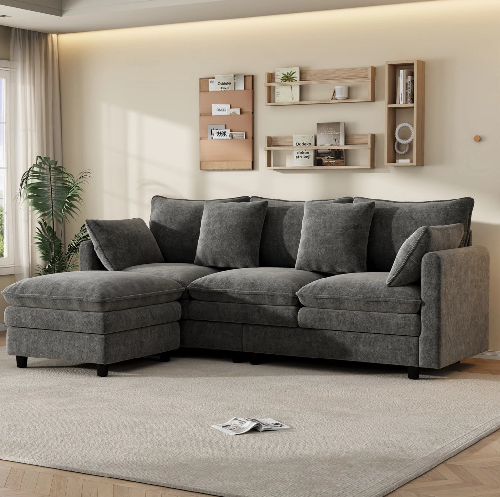 Divano angolare 3 posti in chenille grigia con chaise longue mobile, 212 × 150 × 90 cm