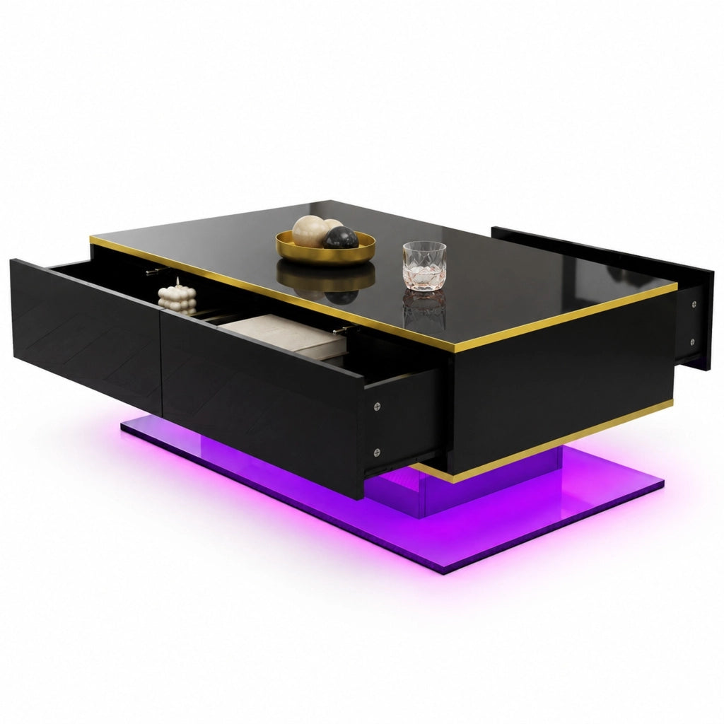 Tavolino da caff¨¨ moderno con LED, 3 cassetti, finitura lucida, nero/oro