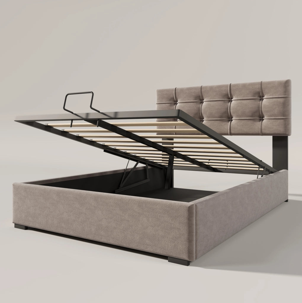 Letto imbottito singolo 90x200 cm con testiera regolabile; contenitore; velluto grigio chiaro