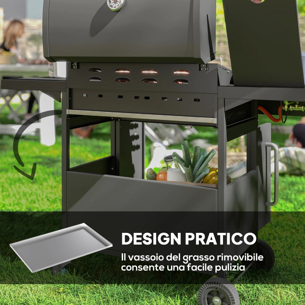 Barbecue a Gas con Fornello Laterale, Tavolino e Armadietto, in Acciaio e PP, 129.5x56x110 cm, Nero