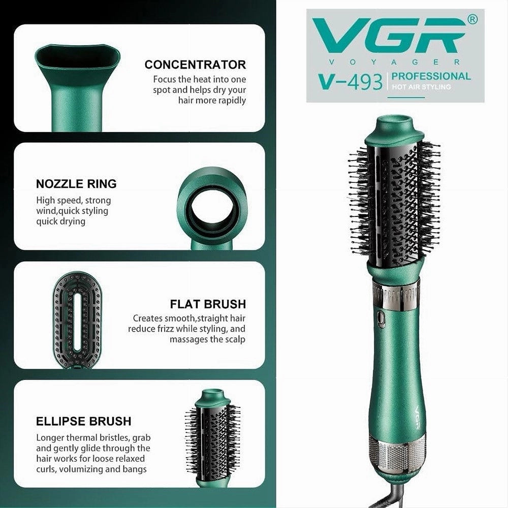 Trade Shop - Spazzola Aria Calda Vgr V-493 Styler 4in1 Ionico Professionale Parrucchiere - Verde