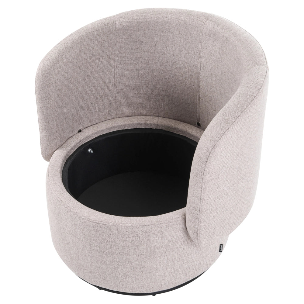 Poltrona in tessuto beige base girevole a 360° con vano portaoggetti cuscino decorativo stile retrò salotto angolo lettura