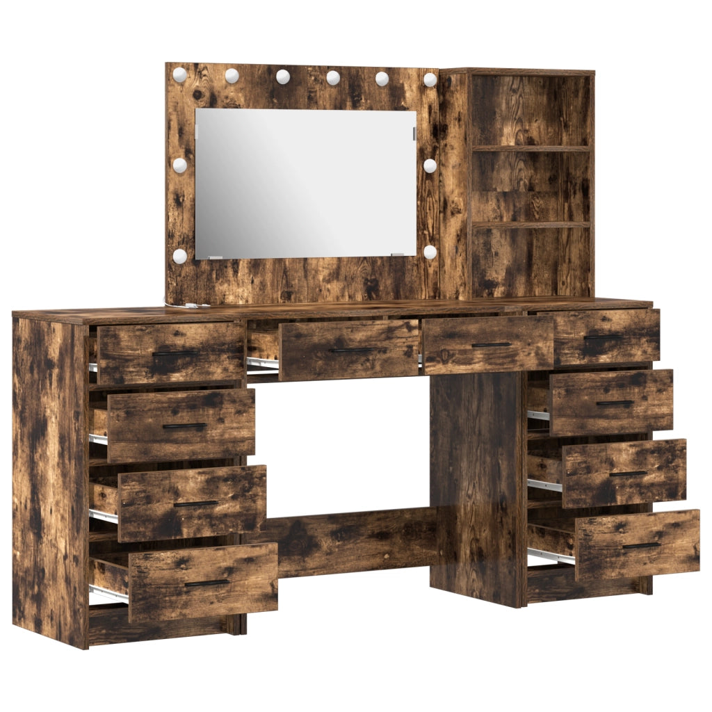Set da 3 pezzi di toeletta con LED in rovere affumicato, in legno ingegnerizzato