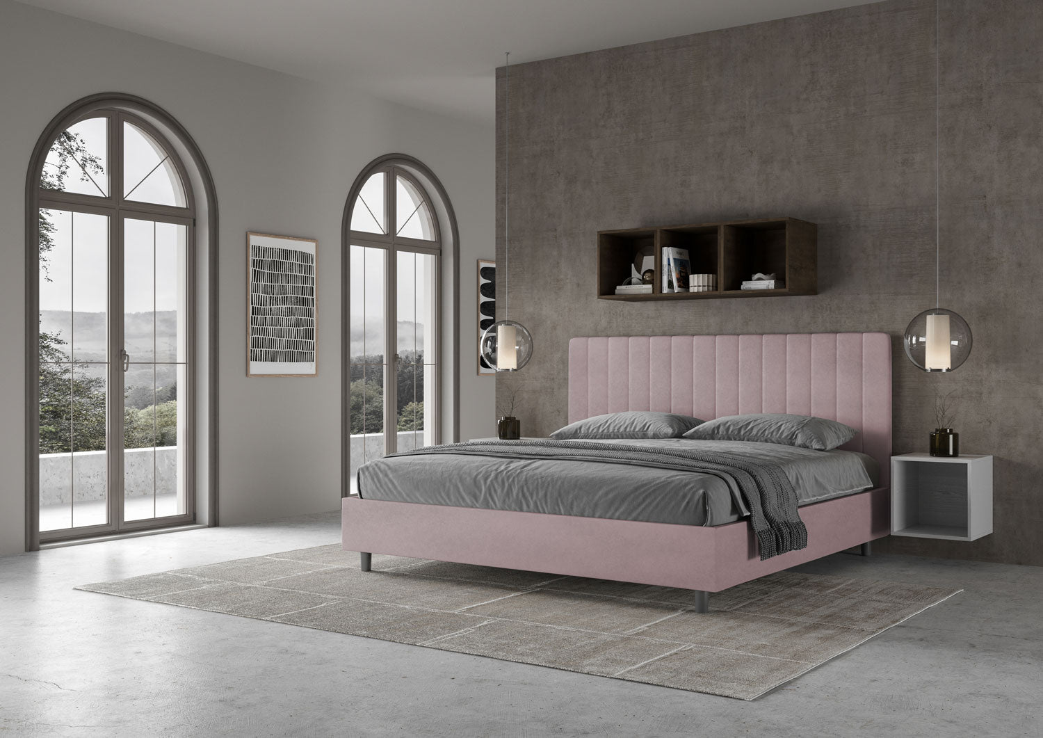 Letto Matrimoniale King Size 200x210 cm con Rete Imbottito in Microfibra Agueda Glicine
