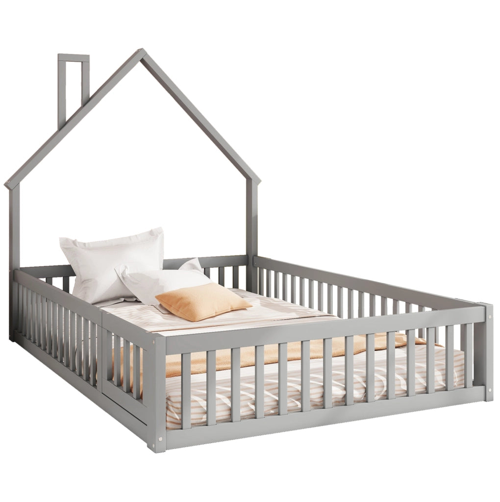 Letto per bambini con forma a camino, 140 x 200 cm, grigio