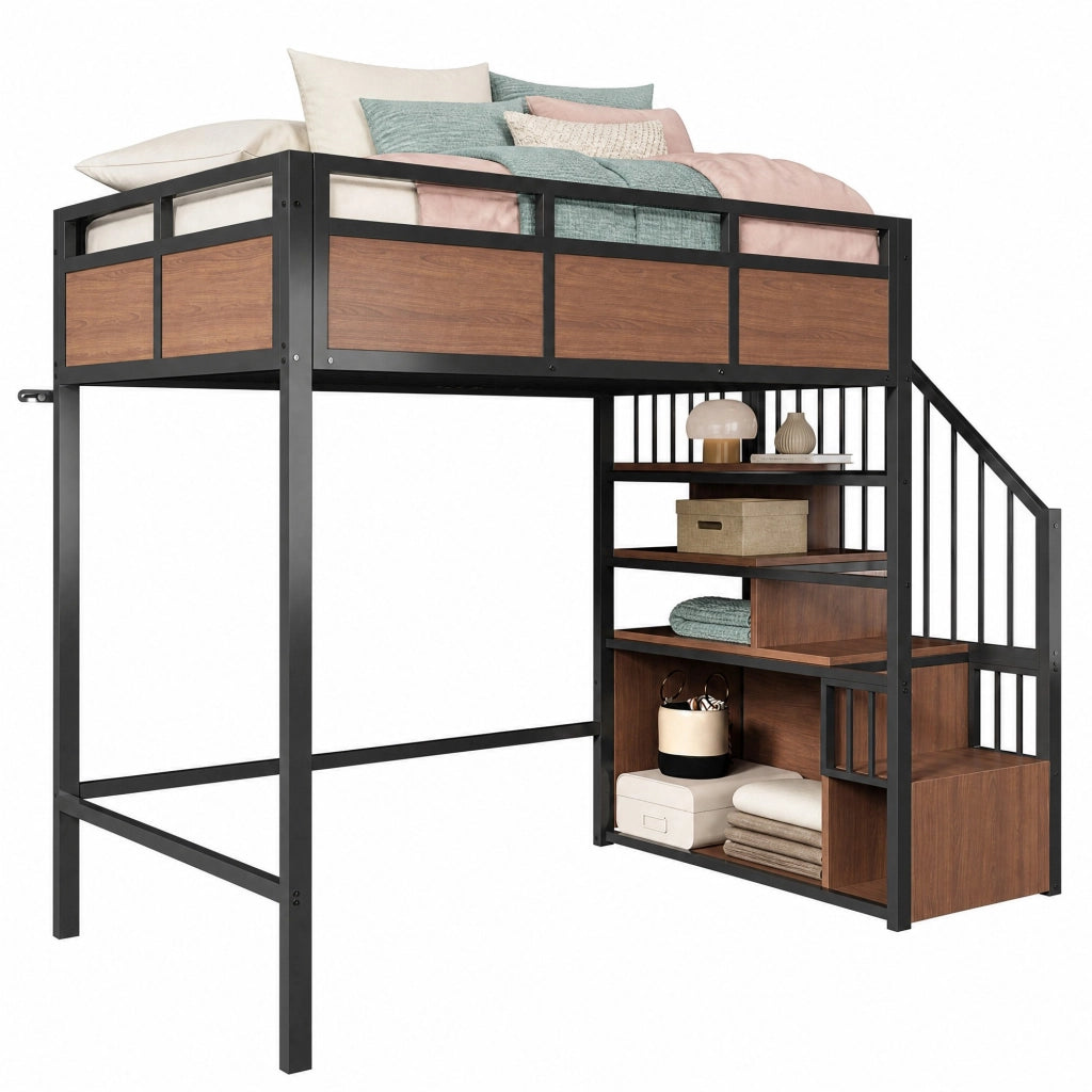 Letto a soppalco in metallo 90x200 cm con scala contenitore reversibile, LED e pannelli effetto legno, nero