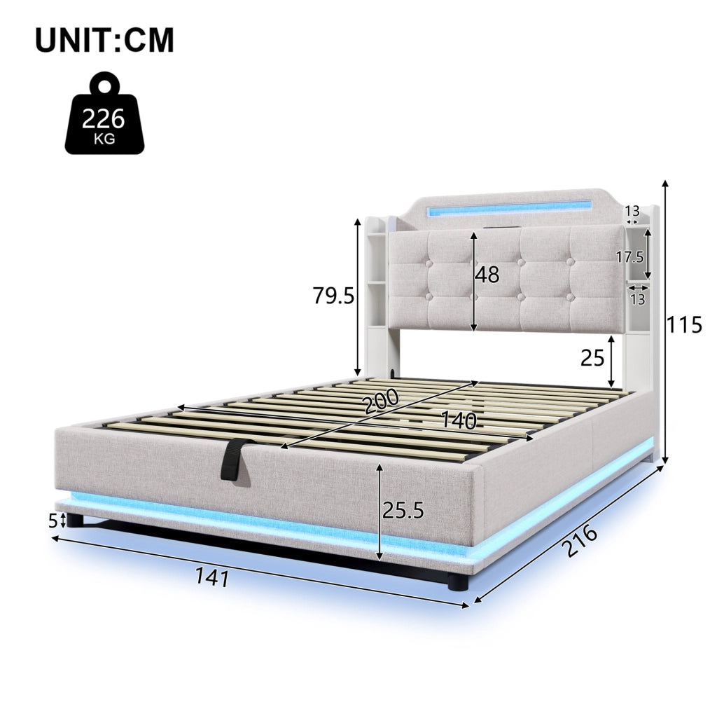 Letto matrimoniale imbottito 140x200 cm in lino beige con LED; contenitore idraulico e porte USB + Type-C